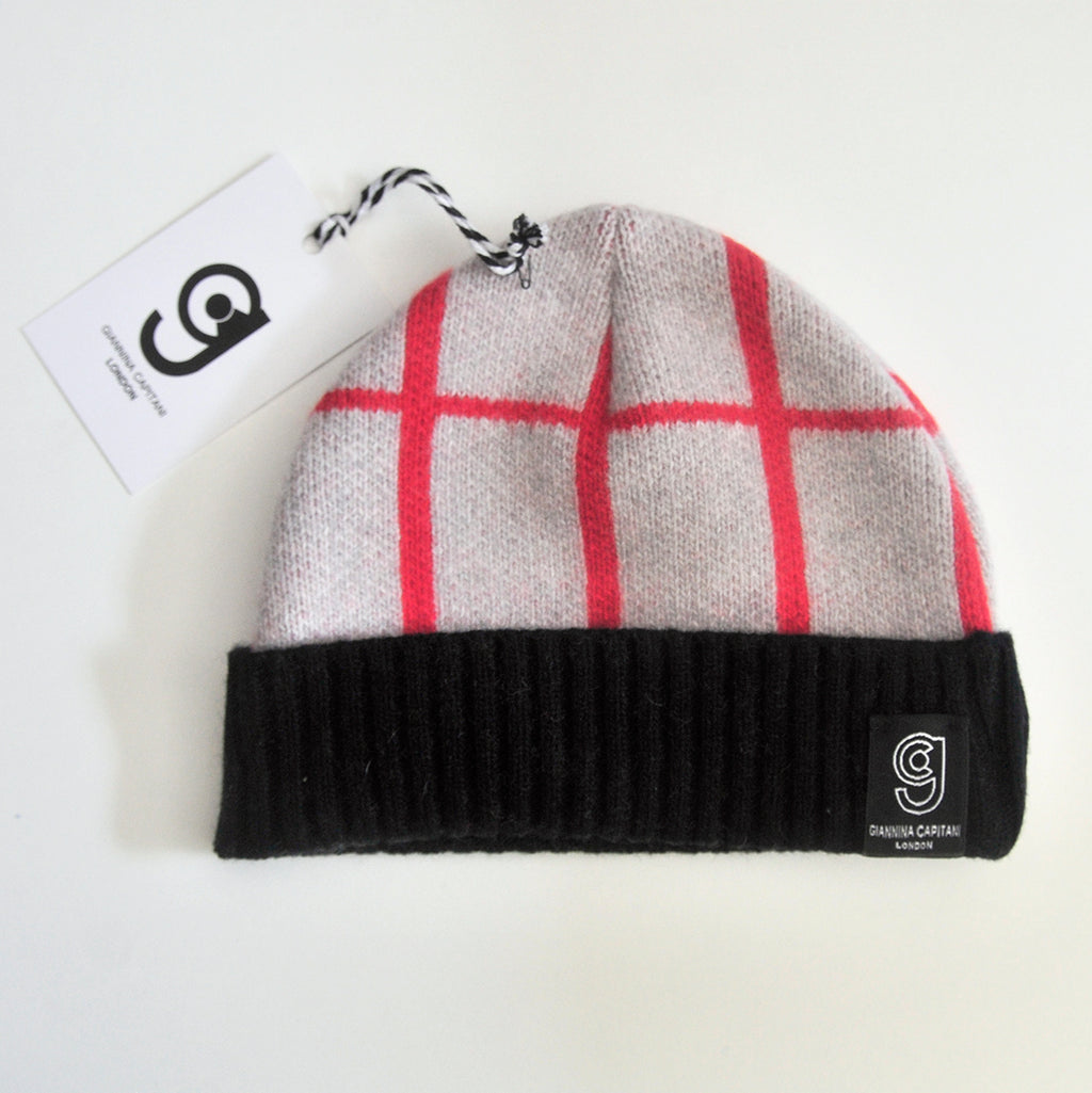 GRID BABY HAT IN GREY AND RED