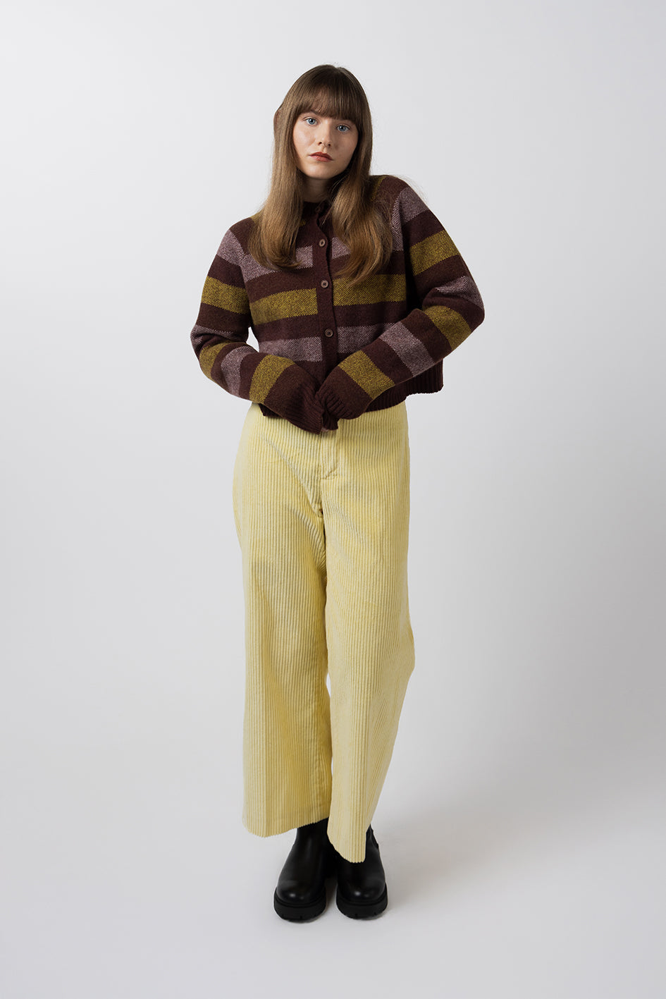 STRIPED CROPPED CARDIGAN - CHOCOLATE