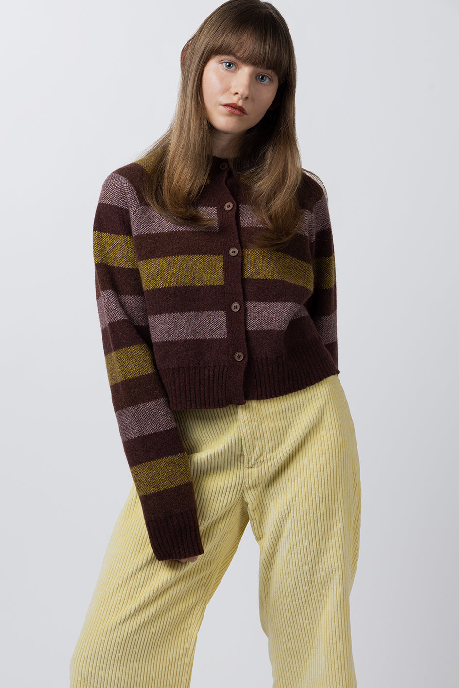 STRIPED CROPPED CARDIGAN - CHOCOLATE