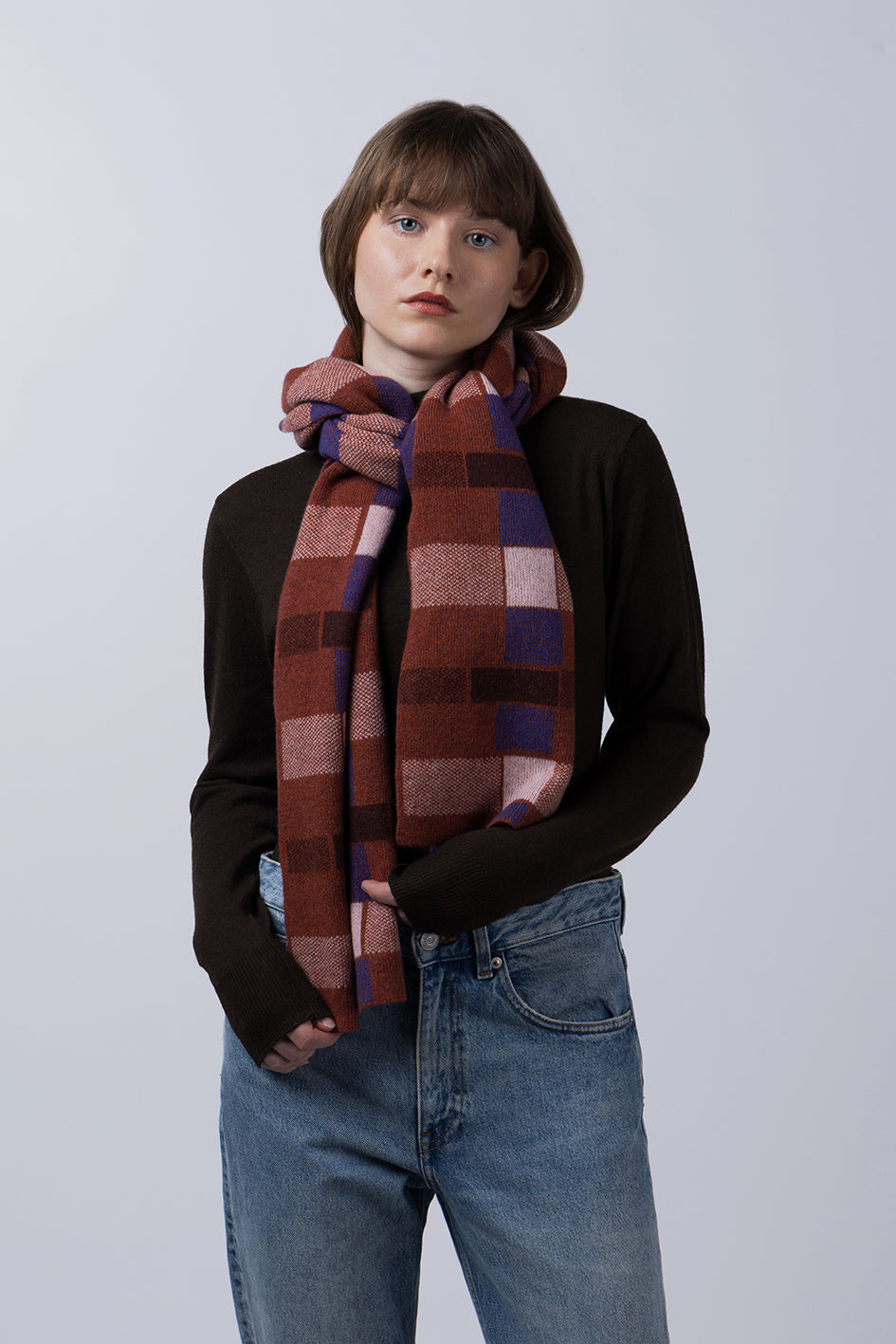 'BLOCK PRINT' TARTAN WIDE SCARF - RUST