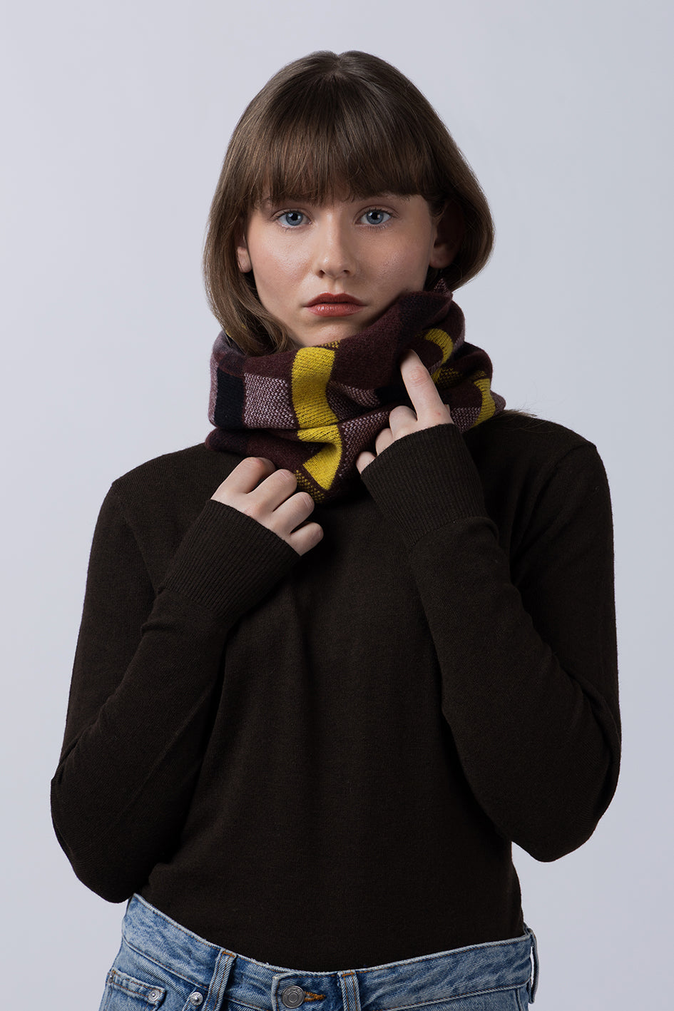 'BLOCK PRINT' TARTAN SNOOD - CHOCOLATE