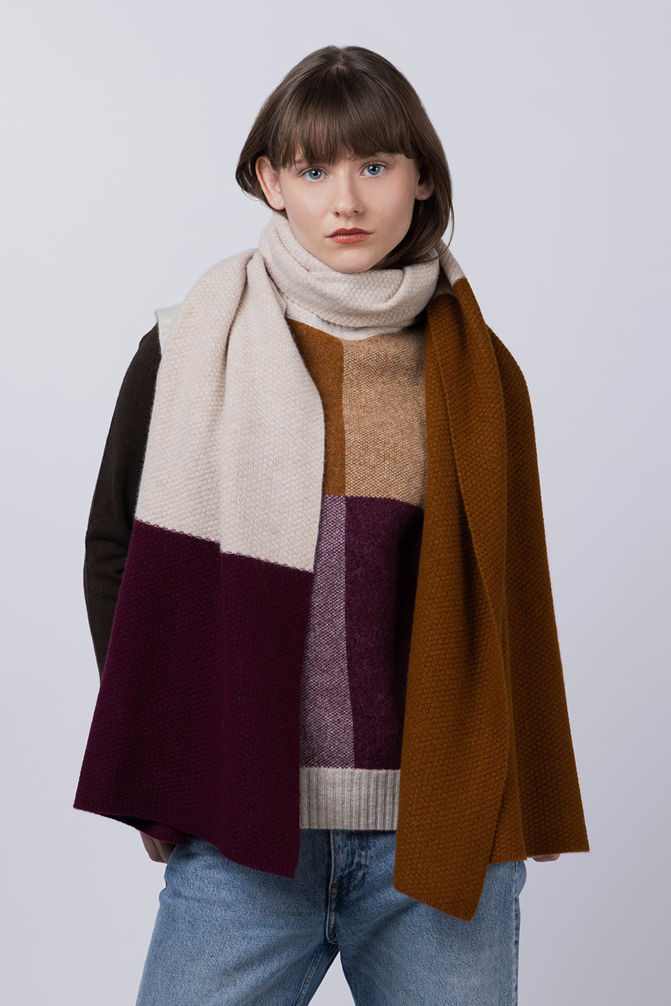 MOSS STITCH BLANKET SCARF IN CUMIN, BEIGE, PLUM