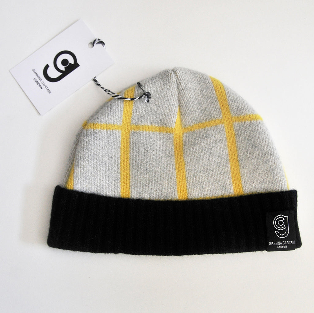 GRID BABY HAT IN GREY AND YELLOW