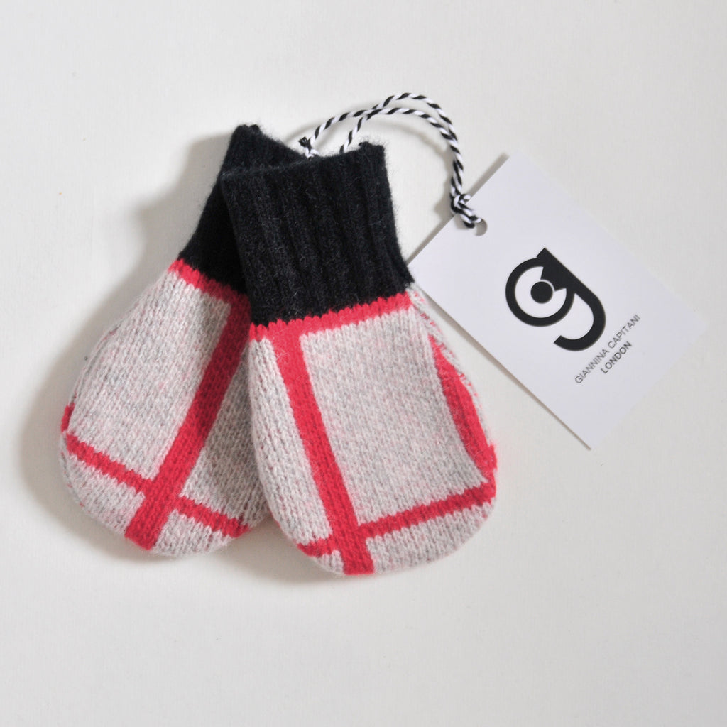 GRID BABY MITTEN IN GREY AND RED